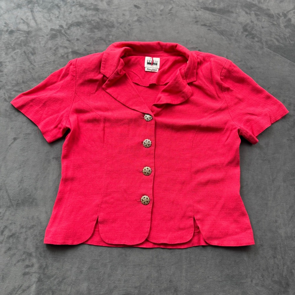 Leslie Fay Vintage Short Sleeve Blazer Pink Red Filigree Buttons Size 16